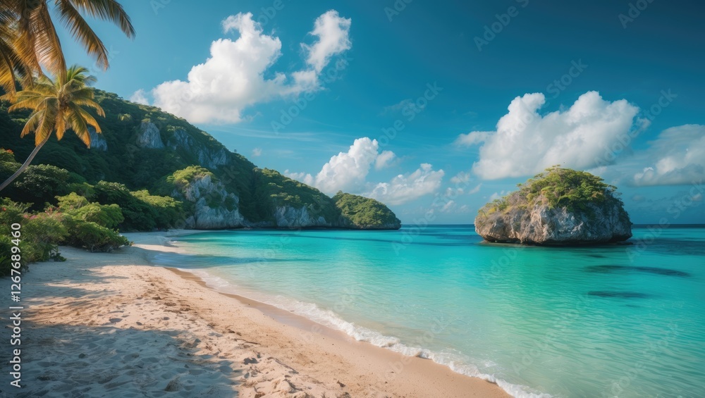 Scenic Tropical Beach with Turquoise Waters and Lush Green Hills under a Bright Sky Perfect for Relaxation and Imagery Use Scenic Tropical Beach with Turquoise Waters and Lush Green Hills under a Bright Sky Perfect for Relaxation and Imagery Use