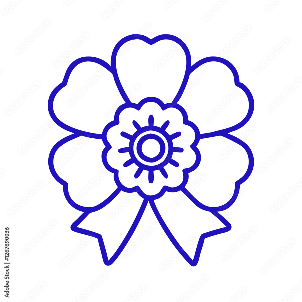 Flower icon with peony and ribbon, blue outline, modern design