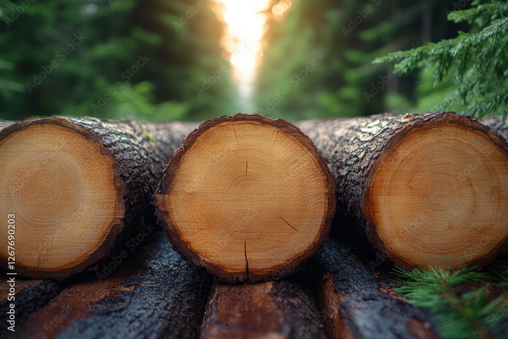 Cut down trees displayed in a forest under soft sunlight Cut down trees displayed in a forest under soft sunlight