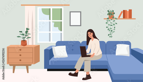 Woman working on laptop. Girl work from home. Cozy sofa. Freelance. Online working.  People work. People sitting. 