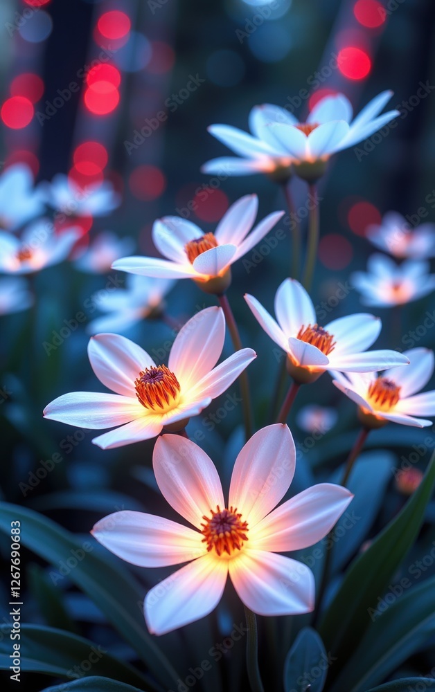 stunning close-up of vibrant, glowing flowers in full bloom, illuminated with soft golden light. The petals exhibit stunning close-up of vibrant, glowing flowers in full bloom, illuminated with soft golden light. The petals exhibit