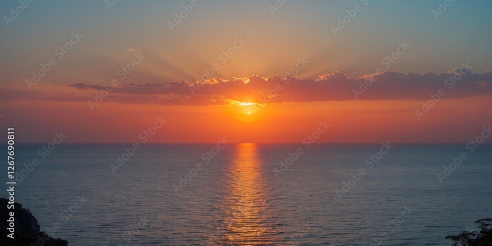 Stunning Sunset Over Tranquil Ocean With Clear Skies And Reflective Water Perfect For Text Overlay Stunning Sunset Over Tranquil Ocean With Clear Skies And Reflective Water Perfect For Text Overlay