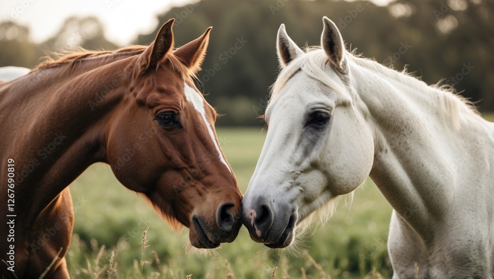Naklejka premium Horses Interacting in Pasture Capturing Connection and Harmony Between a Brown and White Horse in Natural Environment