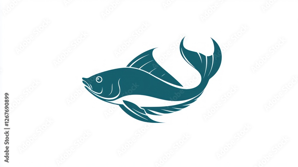 Teal stylized fish design, white background, aquatic life graphic, logo use Teal stylized fish design, white background, aquatic life graphic, logo use