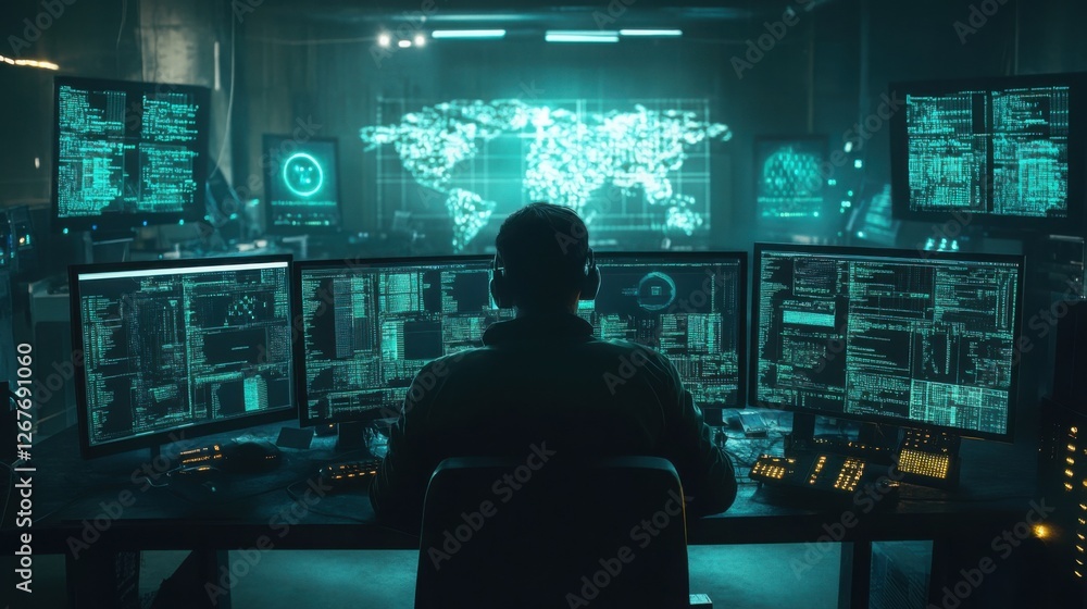 Hacker Working Late at Night Cybersecurity Specialist Monitoring Global Network Multiple Screens Hacker Working Late at Night Cybersecurity Specialist Monitoring Global Network Multiple Screens