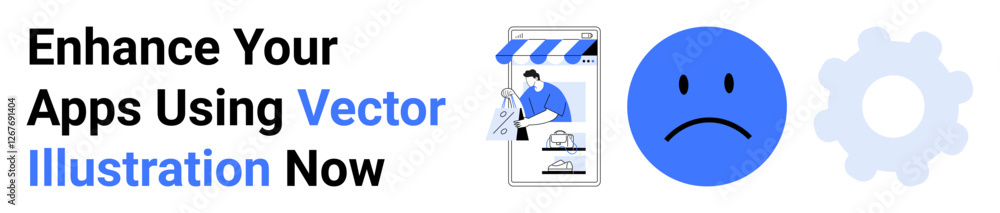 Fototapeta premium Mobile app store graphic with storefront icon, sad face for feedback, and gear for settings. Ideal for e-commerce, app development, UX design, digital tools, marketing, user experience flat landing