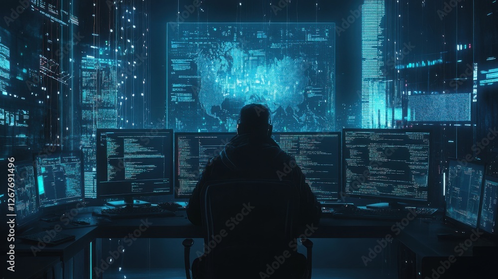 Hacker Working at Night Multiple Monitors Displaying Code and Global Network Data Hacker Working at Night Multiple Monitors Displaying Code and Global Network Data