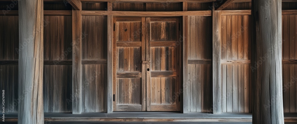 Rustic Wooden Entrance Door Surrounded by Weathered Timber Walls in Quaint Island Setting Rustic Wooden Entrance Door Surrounded by Weathered Timber Walls in Quaint Island Setting