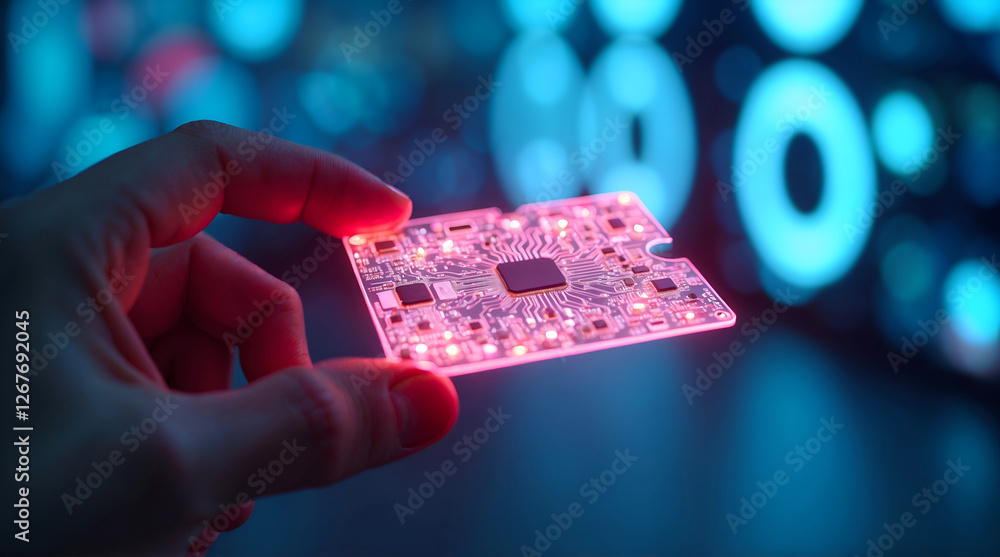 Hand holding glowing pink circuit board with visible pathways and components against futuristic blue bokeh lights emphasizing technology Hand holding glowing pink circuit board with visible pathways and components against futuristic blue bokeh lights emphasizing technology