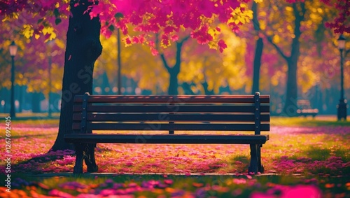 Serene park bench surrounded by vibrant autumn foliage and fallen leaves inviting relaxation and tranquility in nature's beauty