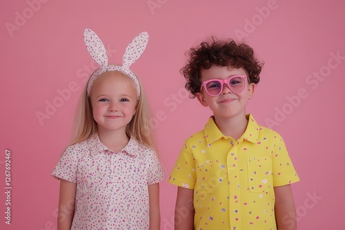 Two children with bunny ears and glasses smile playfully against a vibrant pink background, capturing a fun and whimsical moment.