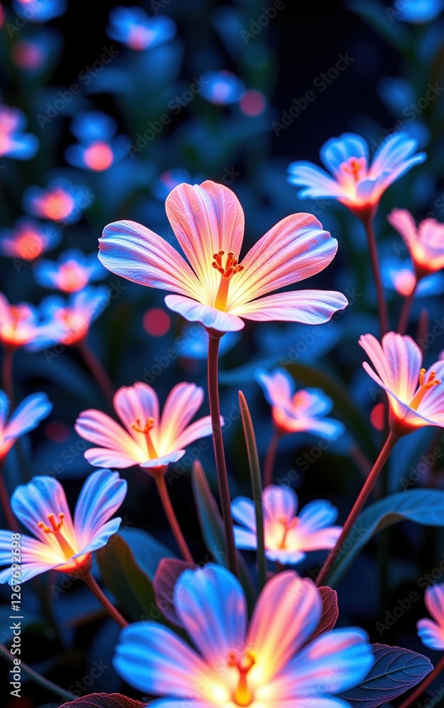 stunning close-up of vibrant, glowing flowers in full bloom, illuminated with soft golden light. The petals exhibit stunning close-up of vibrant, glowing flowers in full bloom, illuminated with soft golden light. The petals exhibit