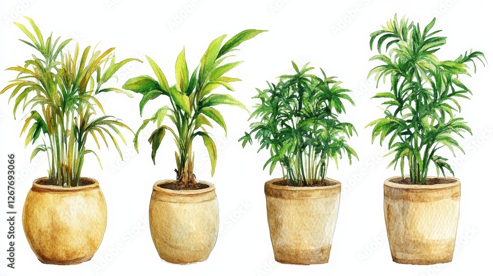 Obraz premium A Watercolor Set of Tropical Houseplants - Tranquil home decor, vibrant greenery, potted plants, tropical foliage, natural beauty. Symbolizing peace, growth, life, purity, and serenity