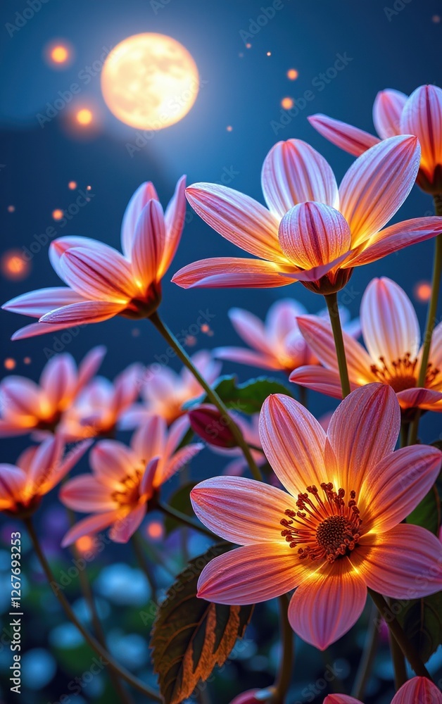 A stunning close-up of vibrant, glowing flowers in full bloom, illuminated with soft golden light. A stunning close-up of vibrant, glowing flowers in full bloom, illuminated with soft golden light.