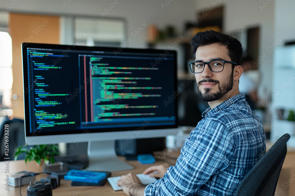 Young developer coding in a modern office environment Young developer coding in a modern office environment