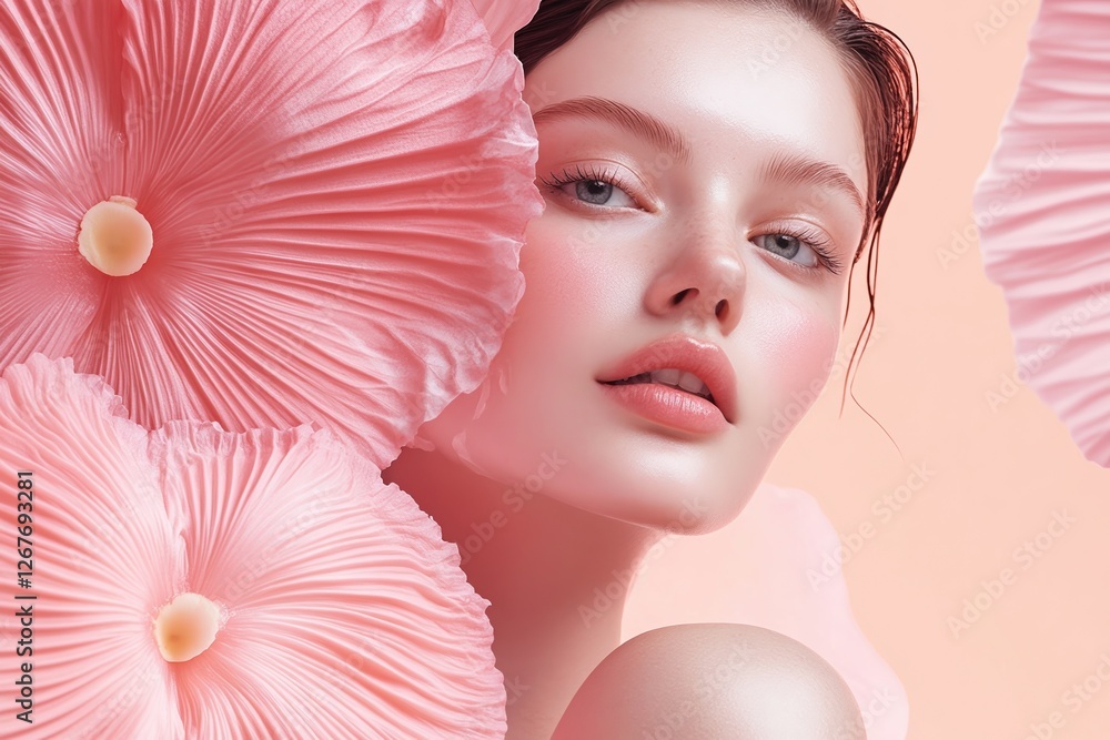 Elegant beauty portrait featuring model with pink floral elements for advertising design Elegant beauty portrait featuring model with pink floral elements for advertising design
