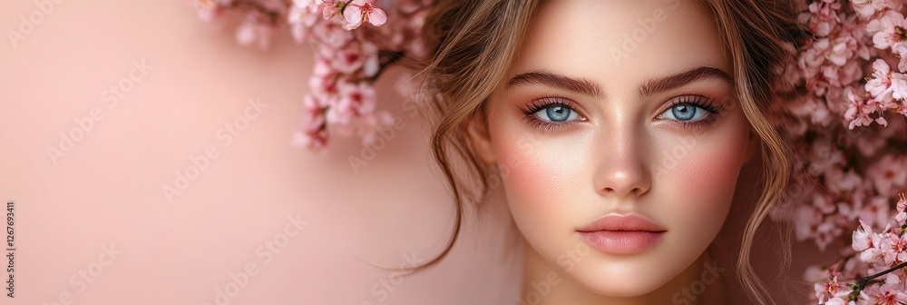 Beauty portrait with blooming flowers creating a soft, serene atmosphere Beauty portrait with blooming flowers creating a soft, serene atmosphere