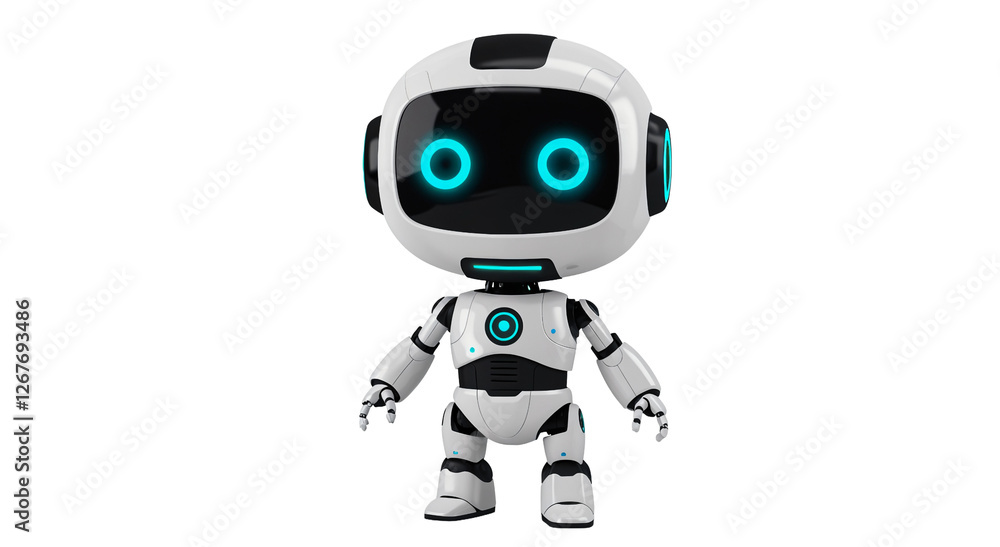 Futuristic cute robot, white body, black face, glowing blue eyes, PNG Format Futuristic cute robot, white body, black face, glowing blue eyes, PNG Format