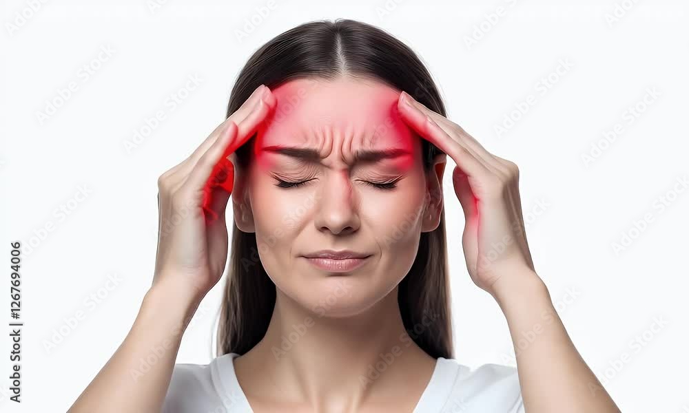 Woman with head pain isolated on a white background, with the area of ache in her forehead highlighted in red Woman with head pain isolated on a white background, with the area of ache in her forehead highlighted in red