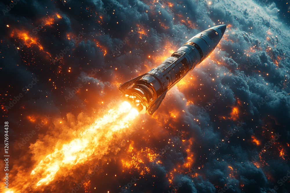 Obraz premium Crimson Ascent, Rocket's Fiery Journey Through Cosmic Skies