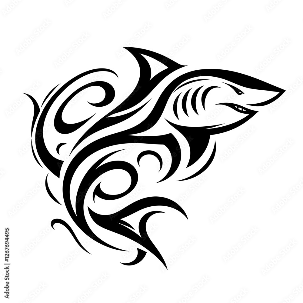 Obraz premium Tribal shark vector illustration with abstract swirls