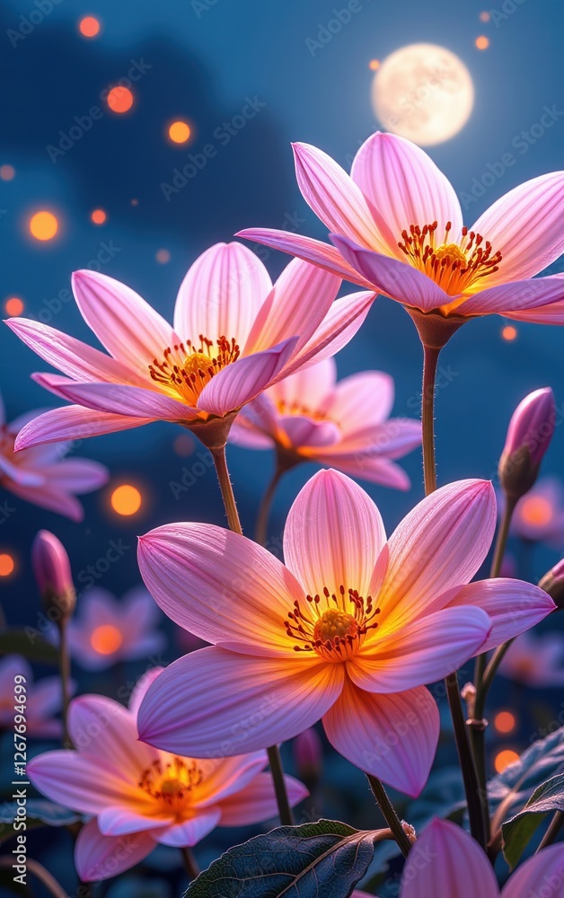 Fototapeta premium stunning close-up of vibrant, glowing flowers in full bloom, illuminated with soft golden light. The petals exhibit 