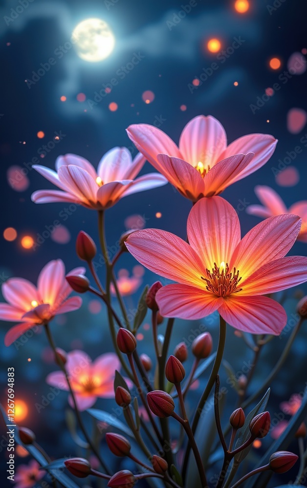 stunning close-up of vibrant, glowing flowers in full bloom, illuminated with soft golden light. The petals exhibit stunning close-up of vibrant, glowing flowers in full bloom, illuminated with soft golden light. The petals exhibit