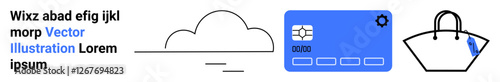 Cloud element, banking card, and shopping bag illustrate digital payments, e-commerce, cloud storage, and online shopping. Ideal for e-commerce, banking, apps retail fintech cloud tech flat