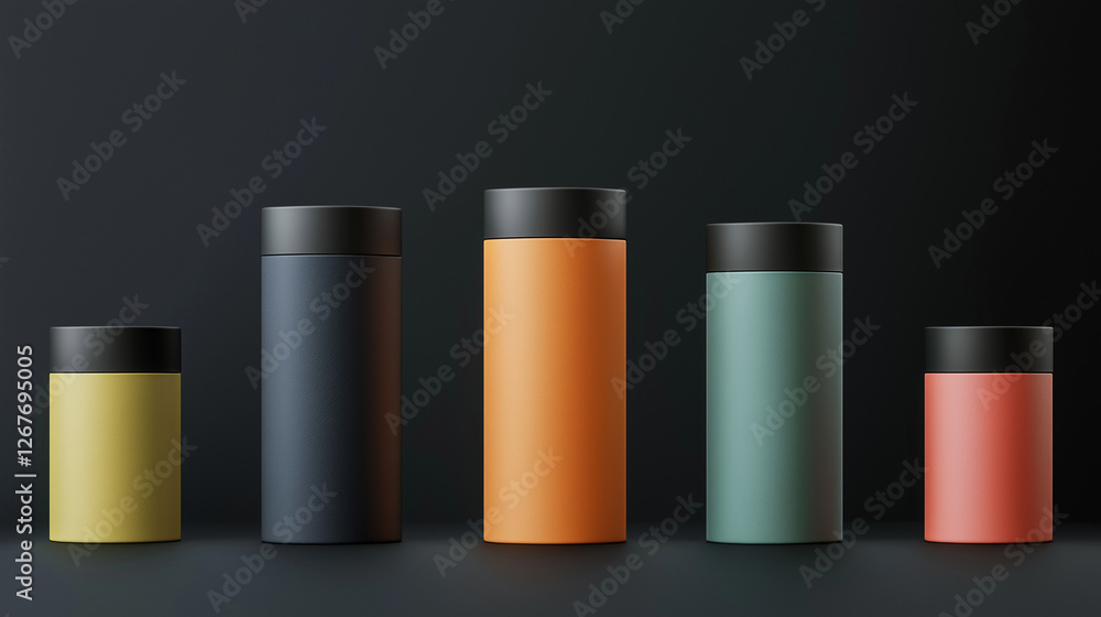 A mockup for a product package tube different colors containers design showcasing branding, layout, texture, and 3D visualization isolated on black background A mockup for a product package tube different colors containers design showcasing branding, layout, texture, and 3D visualization isolated on black background
