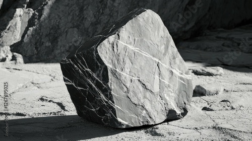 Large Stone Boulder with Visible Veins Striations Black and White