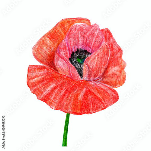 Red poppy flower on a stem hand drawn with colored pencils isolated on white background. Botanical illustration.