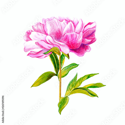 Blooming pink peony flower hand drawn with colored pencils isolated on white background. Botanical illustration.