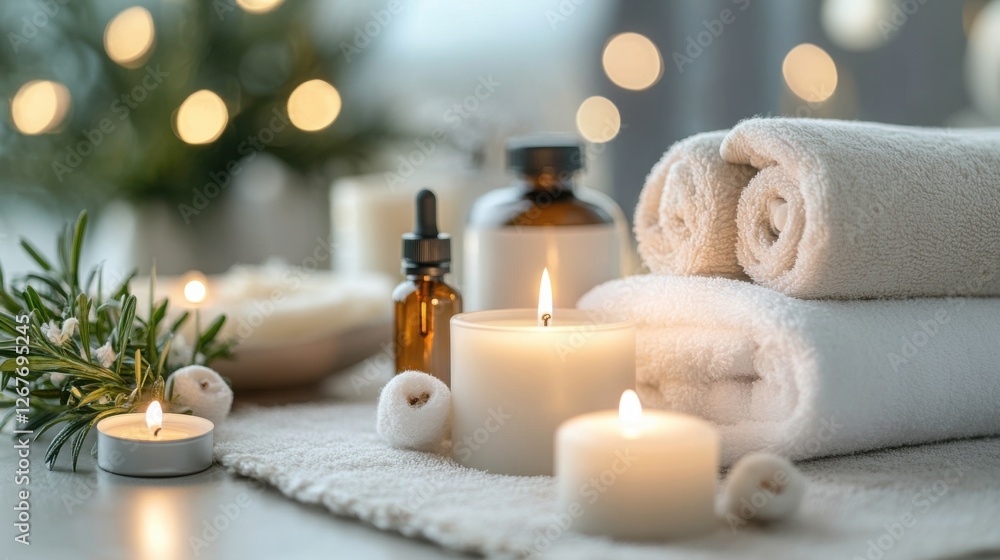 Serene Spa Setting Candles Towels and Essential Oils for Relaxation Serene Spa Setting Candles Towels and Essential Oils for Relaxation