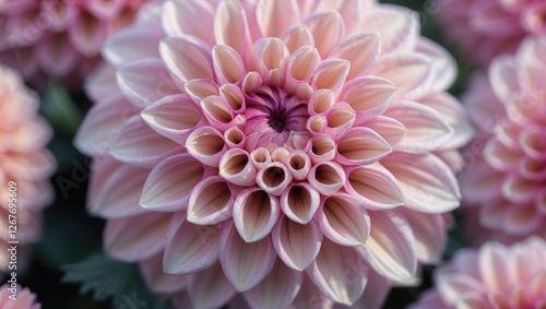 Close-up view of a soft pink dahlia bloom showcasing intricate petal details and natural beauty in a vibrant garden setting.