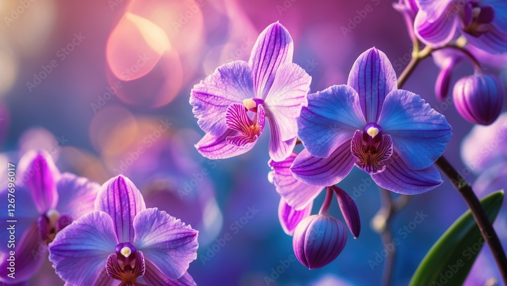 Fototapeta premium Vibrant Orchids Blooming Against a Softly Blurred Background with Space for Text Expansion and Beautiful Color Palette