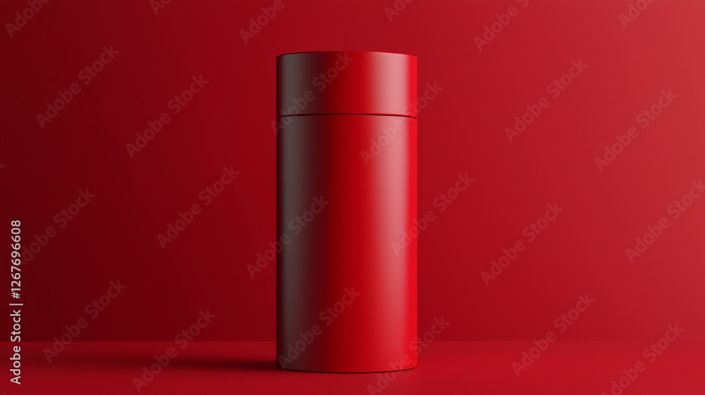 A mockup for a product package tube red container design showcasing branding, layout, texture, and 3D visualization isolated on red background A mockup for a product package tube red container design showcasing branding, layout, texture, and 3D visualization isolated on red background