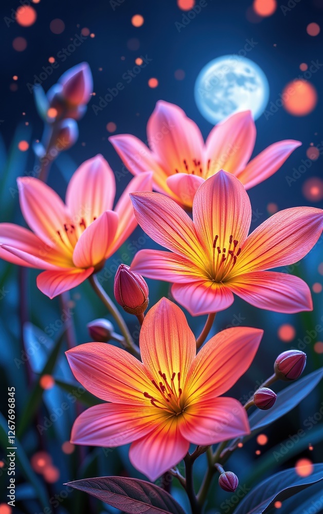 stunning close-up of vibrant, glowing flowers in full bloom, illuminated with soft golden light. The petals exhibit stunning close-up of vibrant, glowing flowers in full bloom, illuminated with soft golden light. The petals exhibit