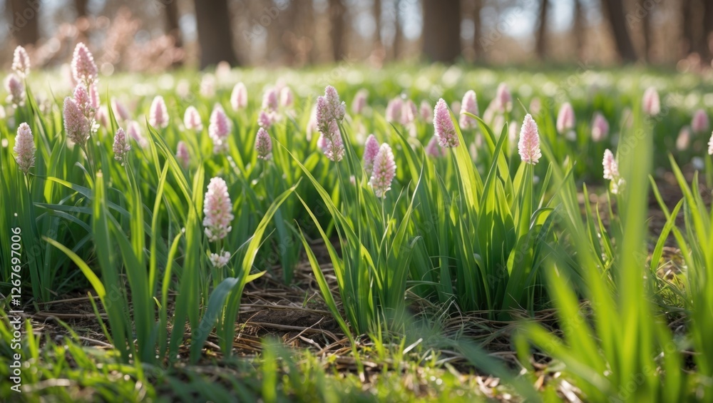 Spring wildflowers blooming in lush green grass under dappled sunlight in a serene outdoor setting surrounded by trees. Spring wildflowers blooming in lush green grass under dappled sunlight in a serene outdoor setting surrounded by trees.