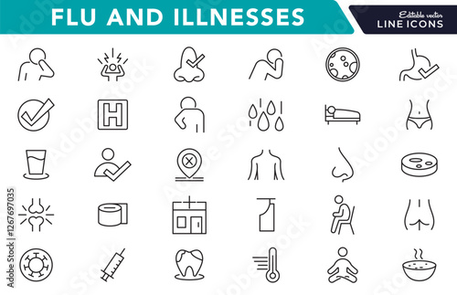 Flu and illnesses line icon set. Pandemic, cough, fever, lung CT scan, headache, pneumonia, lungs, kidney, brain, bones line icon set. UI thin line icon pack.