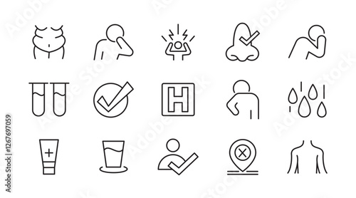 Flu and illnesses line icon set. Pandemic, cough, fever, lung CT scan, headache, pneumonia, lungs, kidney, brain, bones line icon set. UI thin line icon pack.