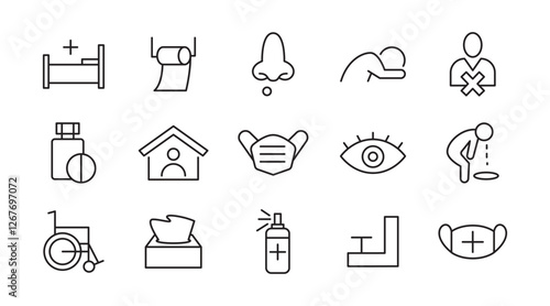 Flu and illnesses line icon set. Pandemic, cough, fever, lung CT scan, headache, pneumonia, lungs, kidney, brain, bones line icon set. UI thin line icon pack.