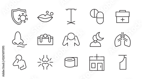 Flu and illnesses line icon set. Pandemic, cough, fever, lung CT scan, headache, pneumonia, lungs, kidney, brain, bones line icon set. UI thin line icon pack.