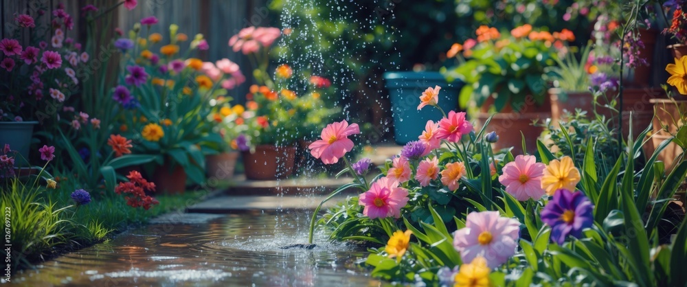 Fototapeta premium Vibrant garden scene with blooming flowers and watering splashes in a lush outdoor setting showcasing nature's beauty.