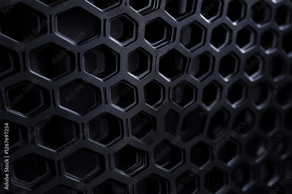Background of abstract black 3d hexagon background design a dark honeycomb grid pattern. Abstract octagons dark 3d modern background. Abstract Black geometric background