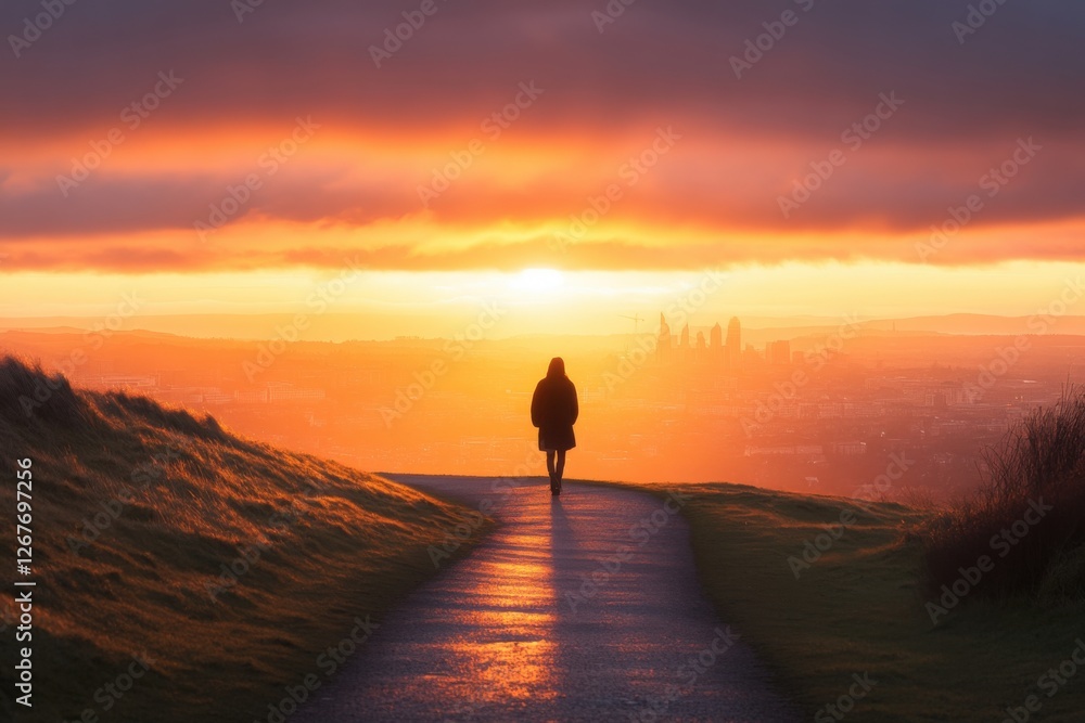 person walking towards a bright sunset person walking towards a bright sunset