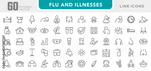 Flu and illnesses line icon set. Pandemic, cough, fever, lung CT scan, headache, pneumonia, lungs, kidney, brain, bones line icon set. UI thin line icon pack.