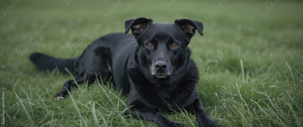 Black dog resting in lush green grass with ample empty space for text and messaging in a serene outdoor setting. Black dog resting in lush green grass with ample empty space for text and messaging in a serene outdoor setting.