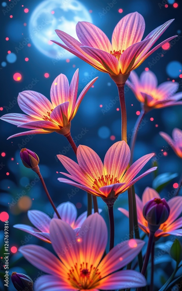 Fototapeta premium A stunning close-up of vibrant, glowing flowers in full bloom, illuminated with soft golden light. 