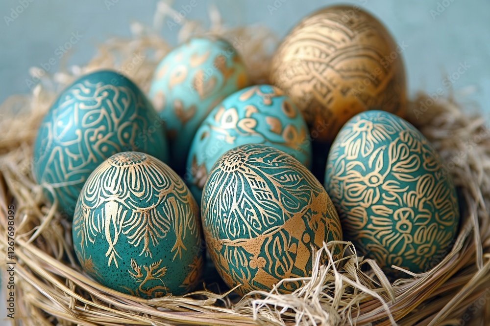 A detailed close-up of a bird's nest containing four eggs, showcasing the natural textures and colors of the nest and eggs. A detailed close-up of a bird's nest containing four eggs, showcasing the natural textures and colors of the nest and eggs.