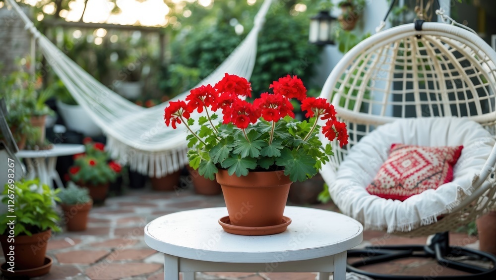Fototapeta premium Vibrant Red Geraniums in Pot on White Table Surrounded by Relaxing Garden Elements and Hammock Cozy Atmosphere on a Sunny Terrace